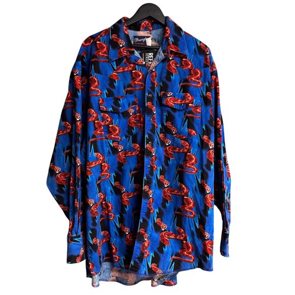 Vintage 90s Wrangler Western Brushpopper Button Down Cowboy Shirt RATTLESNAKE - Picture 1 of 6